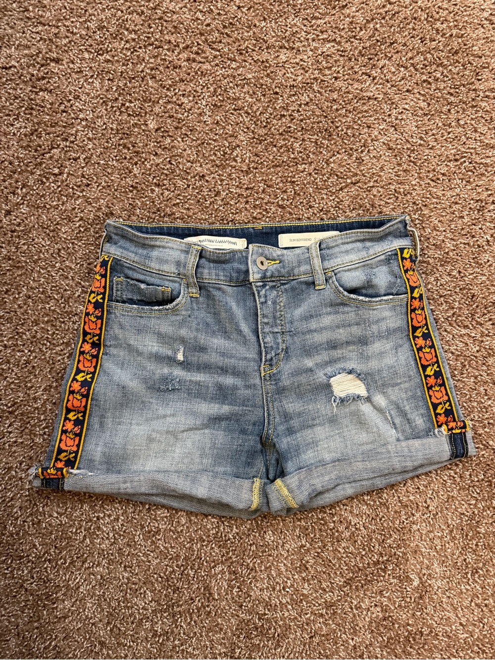 Anthropologie Light Blue Denim Shorts with Floral Side Trim